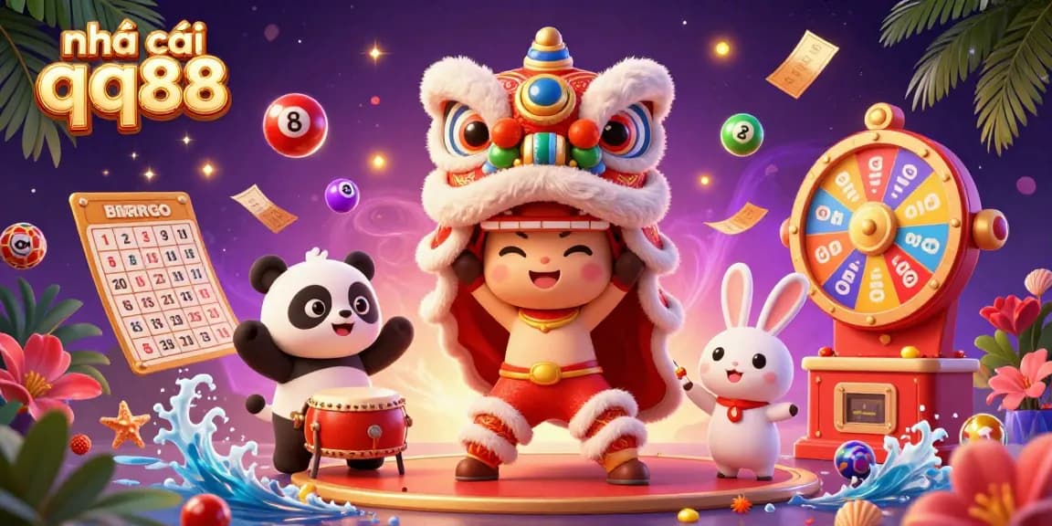 Experience the excitement of nhà cái qq88 with vibrant 3D characters, gaming elements, and festive decorations.