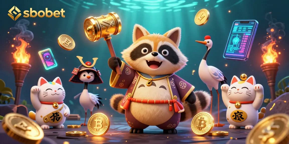 Bet on sbobet with joy as the tanuki and samurai crane celebrate winnings amid vibrant casino elements.