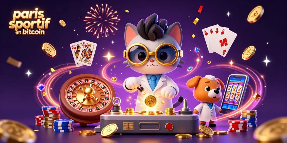 Placer des paris sportif en bitcoin avec des personnages animés au casino, entourés de pièces d'or et de jetons.