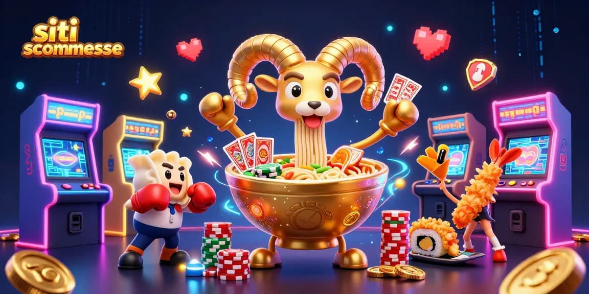 Scopri i migliori siti scommesse con un'illustrazione animata di un casinò virtuale e divertenti personaggi.