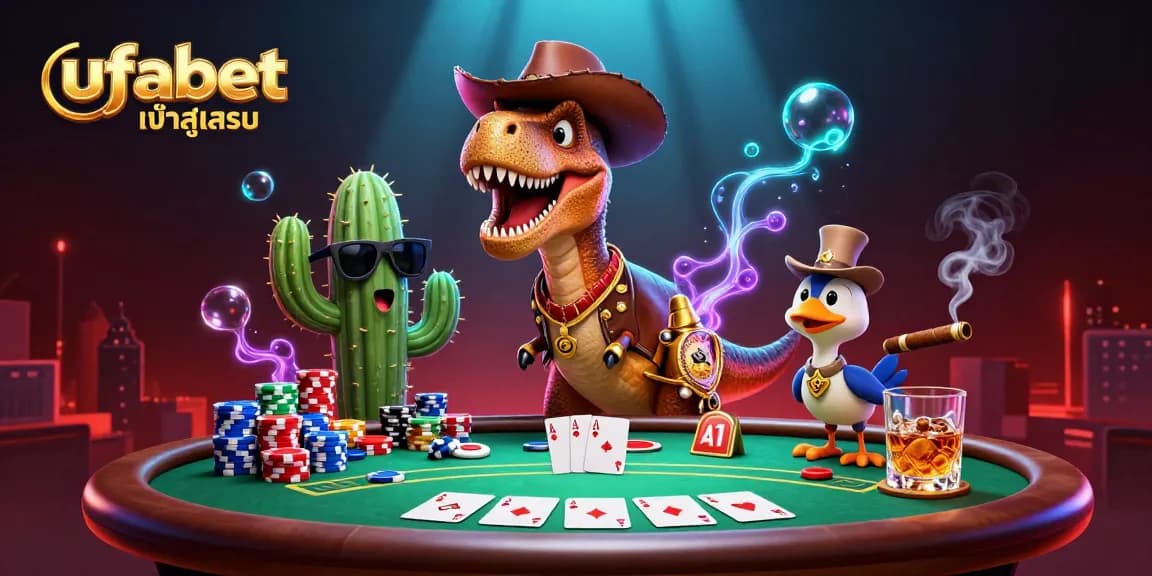 Experience the excitement of ufabet เข้าสู่ระบบ with a 3D cartoon dinosaur and gaming elements.
