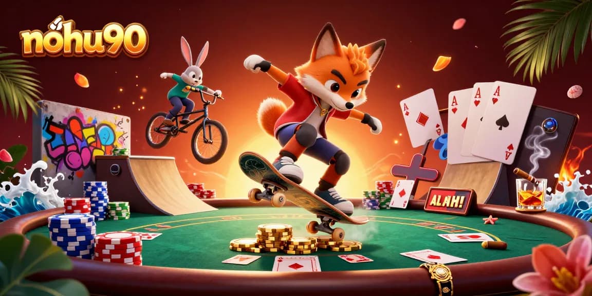 Nohu90 players enjoying a vibrant casino scene with a skateboarder fox and BMX rabbit engaging in thrilling games.