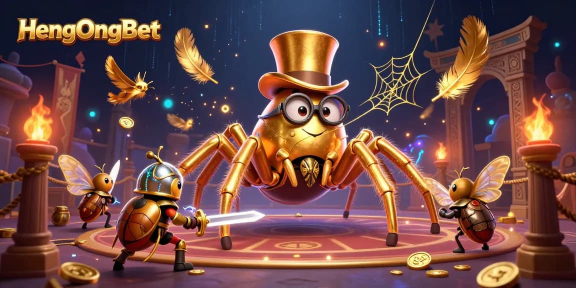 Engage with HengOngBet's exciting casino experience featuring a golden tarantula and brave beetle knight.