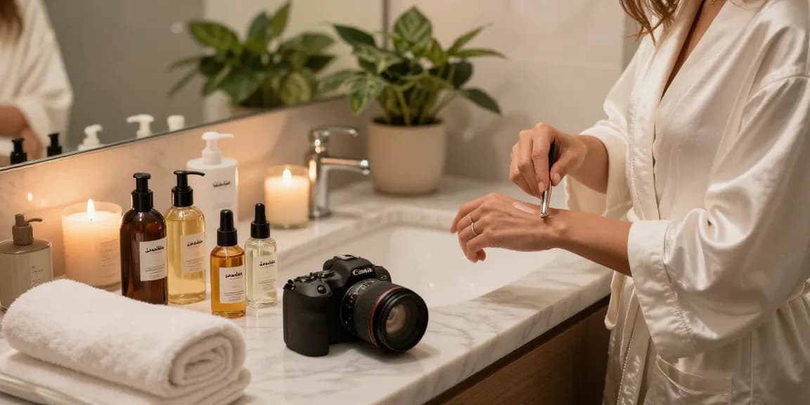 Applying مسك كلاكاس fragrance in an elegant bathroom with high-end beauty products.