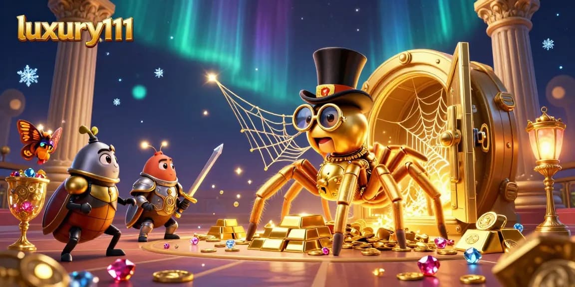 Experience thrilling gameplay at luxury111 with a golden tarantula spinning a treasure web in a lively casino scene.