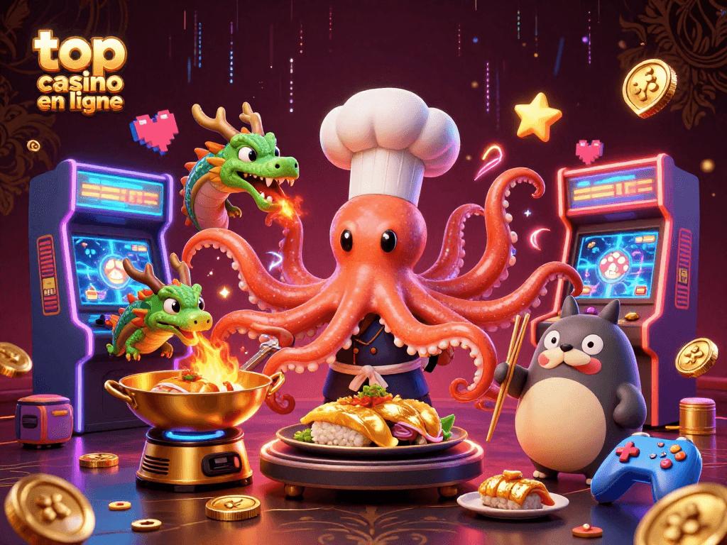 Meilleur casino en ligne : Jouez avec le dragon vert et le chef sushi dans un univers animé vibrant.