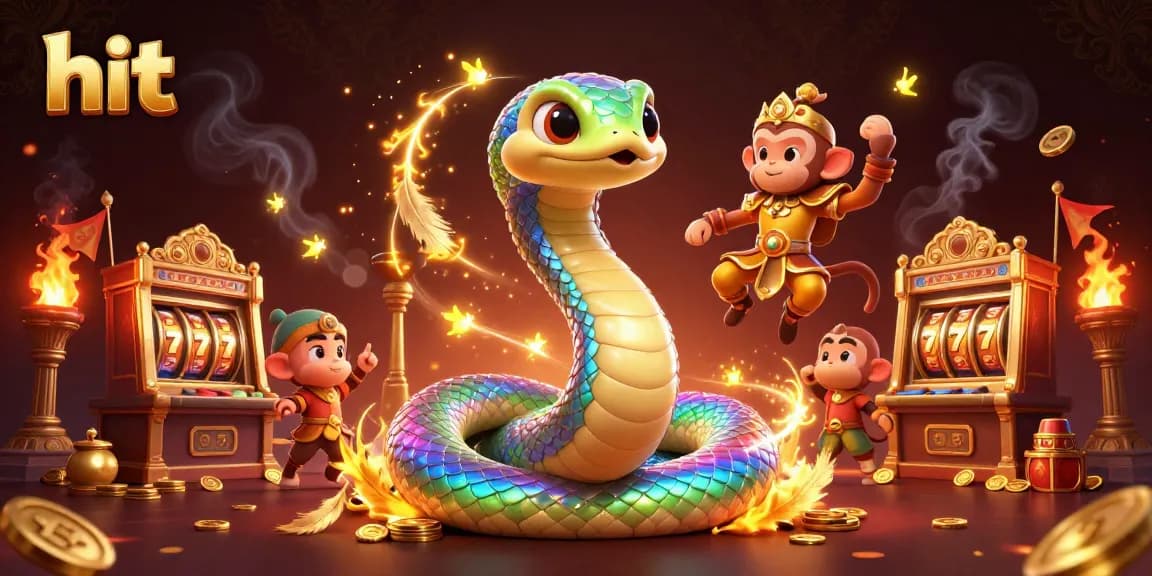 Spin to win with hit casino action, featuring a vibrant scene of a rainbow serpent and playful characters.