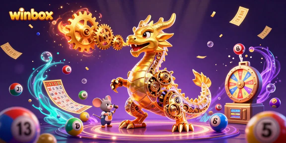 Winbox showcases a vibrant 3D illustration with a golden dragon and exciting lottery elements, capturing thrilling gaming moments.