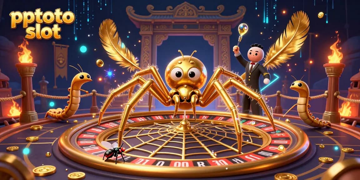 Experience gaming excitement with pptoto slot featuring a golden spider, dynamic roulette wheel, and croupier.