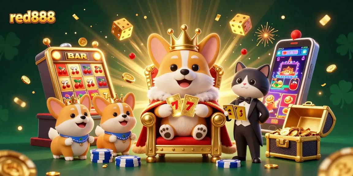 Experience thrilling gameplay at red888 with a vibrant corgi and cat butler in a jackpot scene.