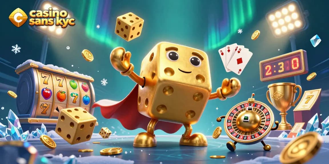 Casino sans KYC : Illustration dynamique d'un golem de dés dorés et des éléments de jeux de casino.