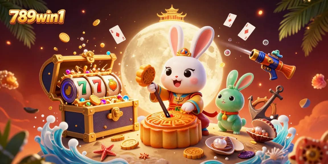 Experience thrilling moments with 789win1 as a moon rabbit plays in a vibrant casino scene.