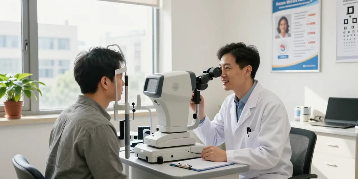 Ophthalmologist discussing dry eye treatment with a patient in a well-lit clinic