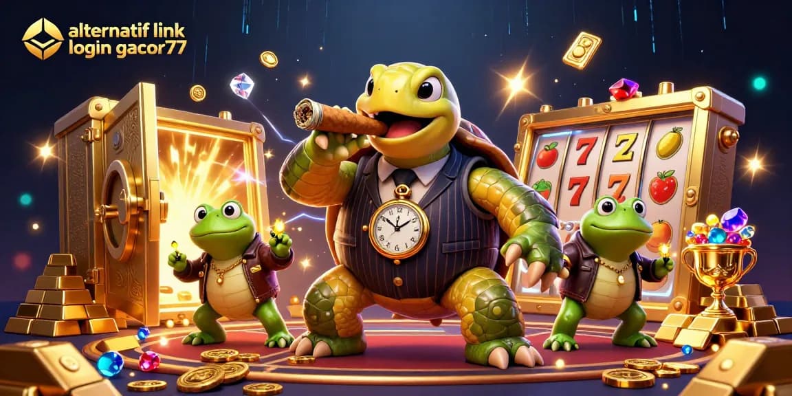 Spin the reels of alternatif link login gacor77 in a rich 3D casino illustration of a snapping turtle and bullfrogs.