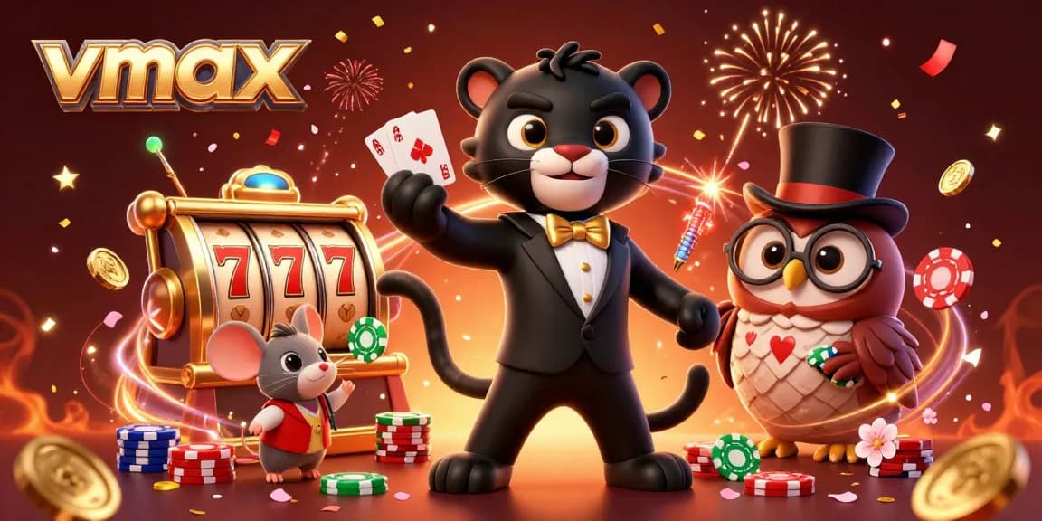 Experience thrilling gameplay with vmax, featuring a stylish black panther dealing cards in a vibrant casino scene.