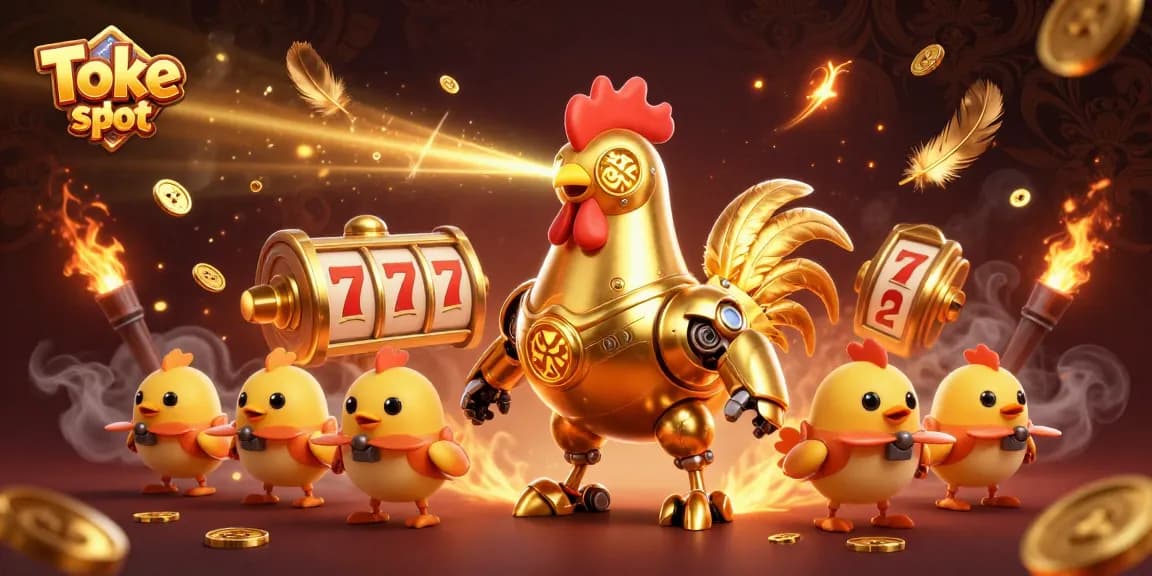 Toke slot and golden rooster robot in an exciting casino scene with dramatic slot elements and tokens.
