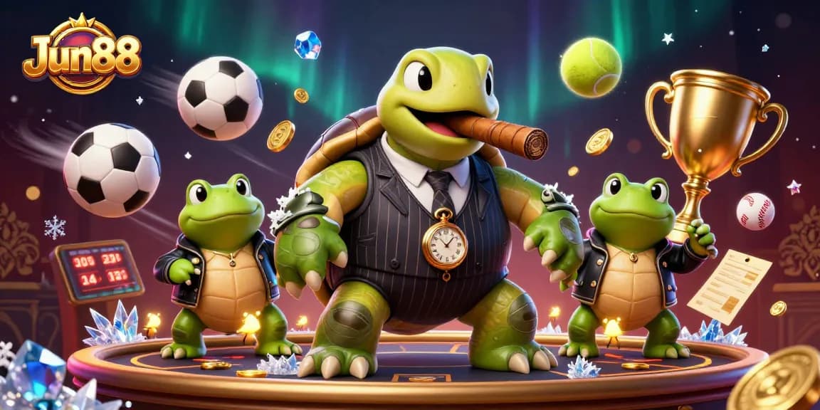 Experience thrilling wins with Jun88's dynamic casino scene featuring a turtle mobster and vibrant sports betting elements.