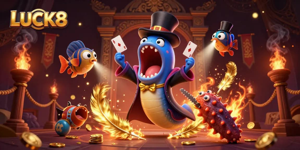 LUCK8 showcases exclusive casino magic with unique characters performing card tricks in a vibrant 3D scene.