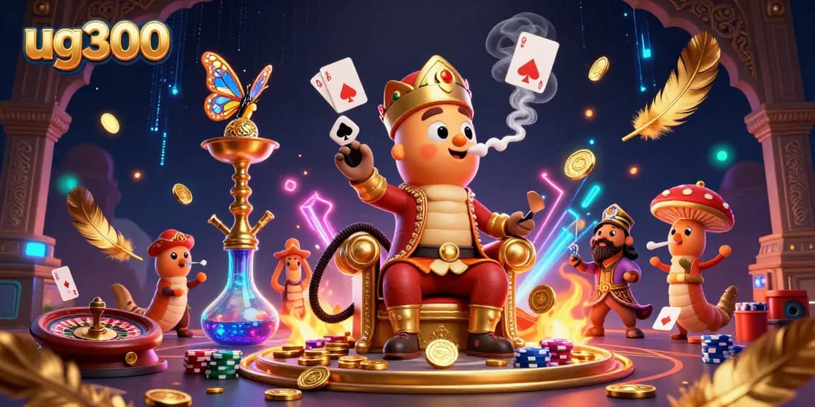 Menyaksikan kemenangan dengan tema ug300, ilustrasi kasino 3D yang penuh aksi, dengan simbol kartu poker di antara asap