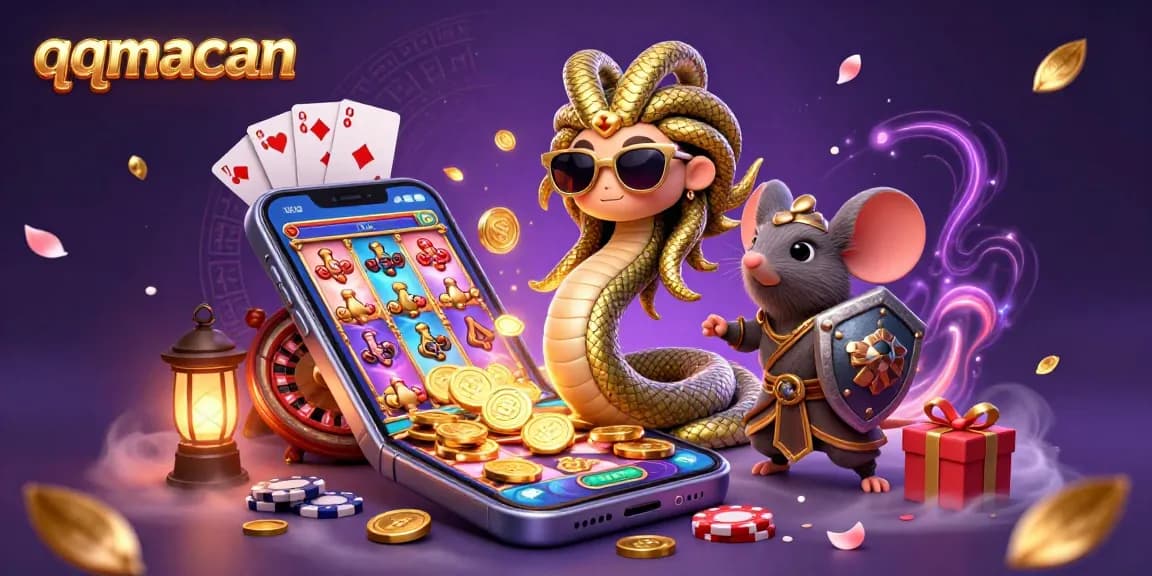 Engage with QQMacan's vibrant 3D scene featuring a Medusa character and casino games.
