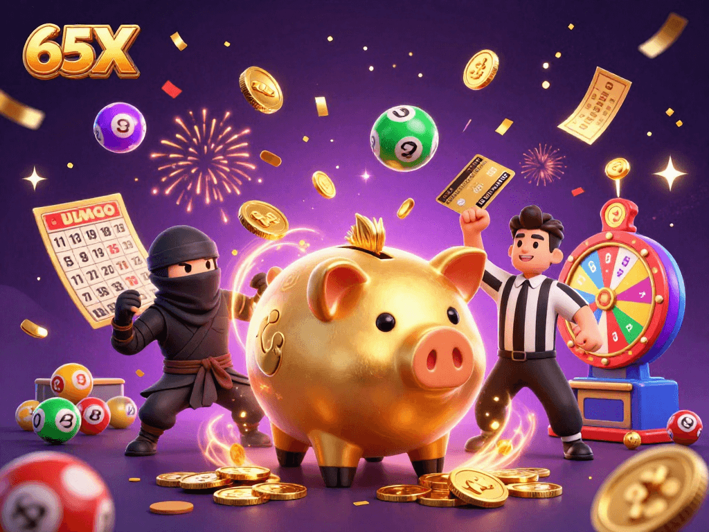 Aproveite a emoção do jogo com 65X, uma ilustração vibrante com um porquinho de ouro e desafios incríveis.