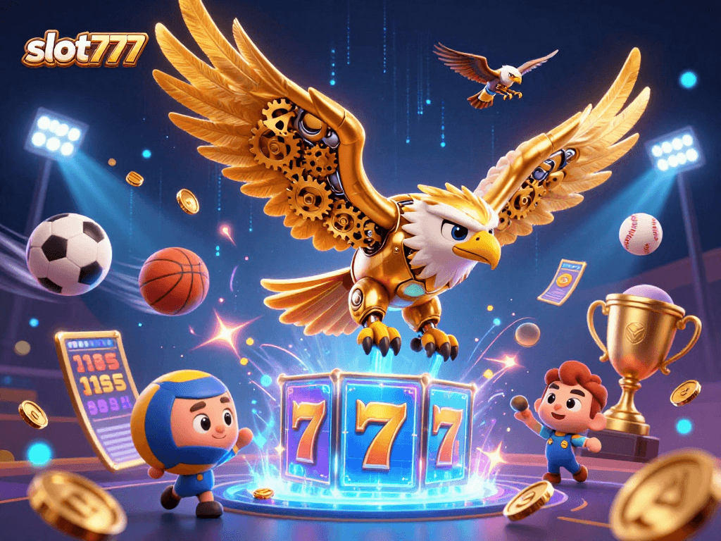 Experience the thrill of slot777 with dynamic slot reels and exciting golden eagle action in this 3D illustration.