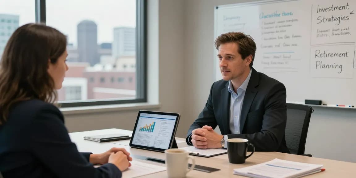 Clinton Orr consulting clients in a modern office setting, showcasing financial plans and investment strategies