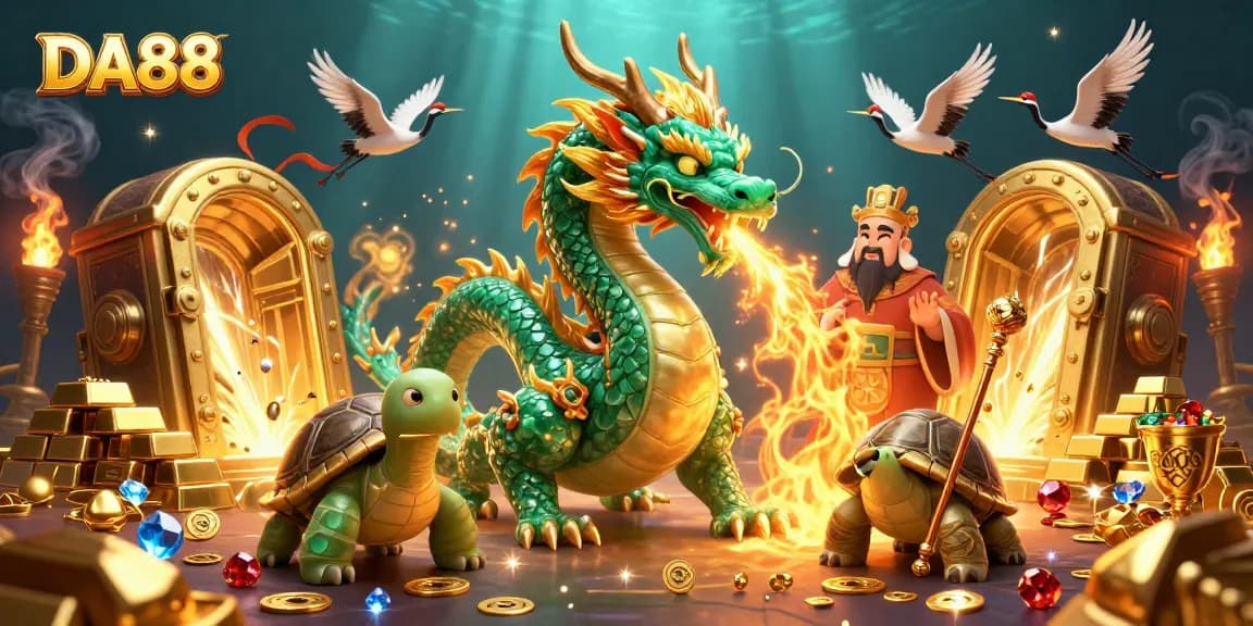 Engage with DA88 through a thrilling casino scene featuring a dragon, sage, and lucky cranes.