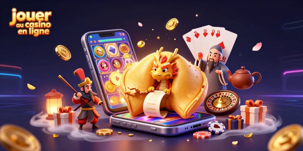 Jouer au casino en ligne avec un dragon sage, une cookie en or, et des jeux colorés.