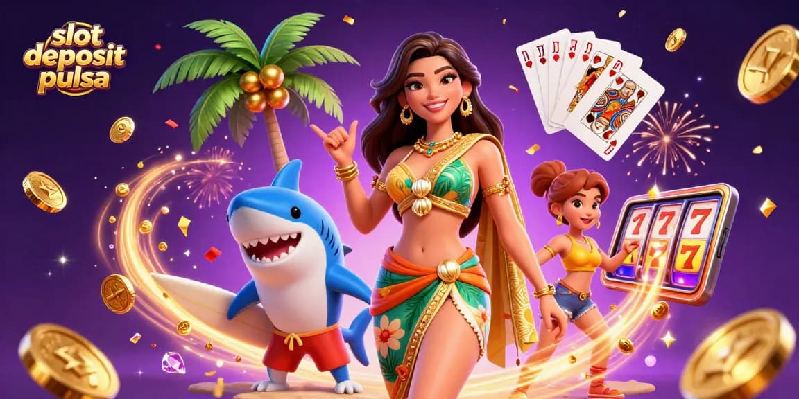 Experience the excitement of slot deposit pulsa with a vibrant casino scene featuring lucky symbols and joyful characters.