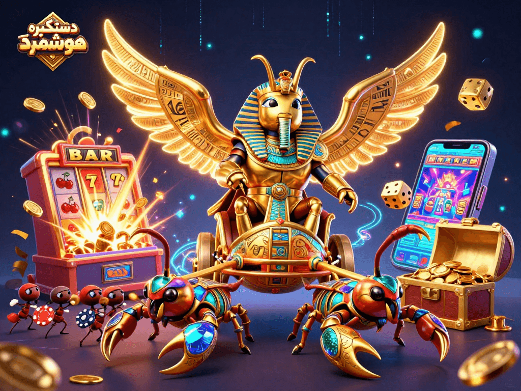Engage with دستگیره هوشمند in a vibrant casino scene featuring golden scarabs, dynamic game elements, and rich visuals.