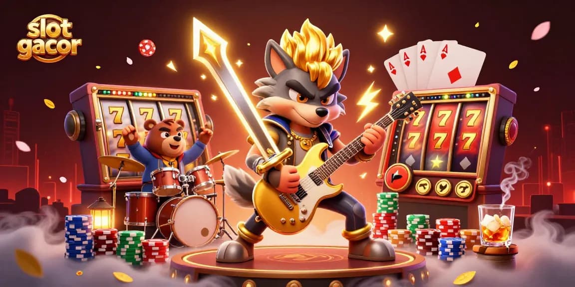 Permainan slot gacor bersama karakter kartun di panggung kasino dengan efek visual berkilau.