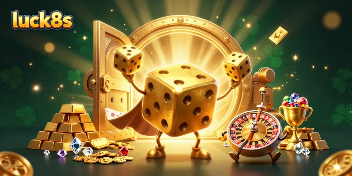 Engage in lucky gaming adventures with luck8s as golden dice characters play with shimmering treasures.