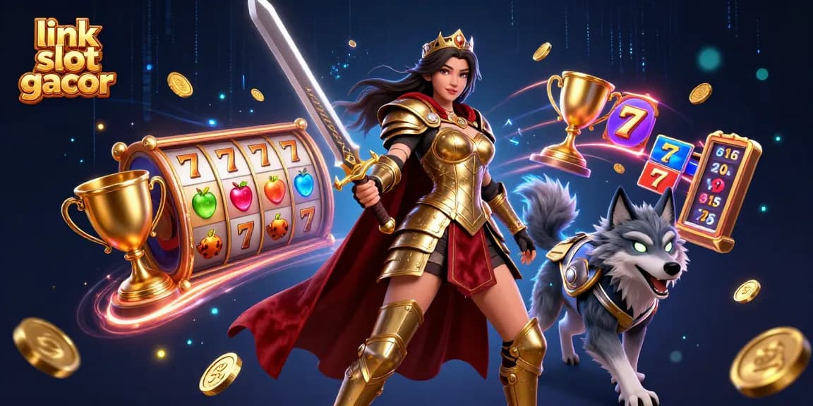 Pemandangan menakjubkan menampilkan ratu pejuang dan teman serigala yang menunjukkan link slot gacor dengan putaran gulungan dinamis dan koin.