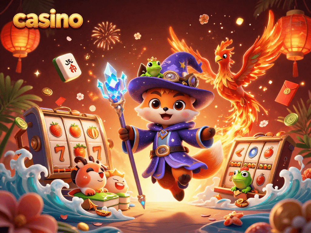 Spin the reels at the lively casino with a mystical wizard fox and vibrant game elements.