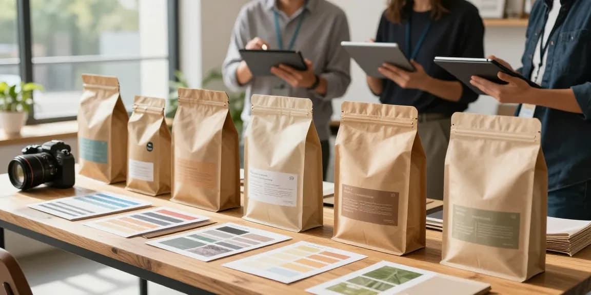 Custom flat bottom bags displayed on a wooden table, showcasing sustainable materials and vibrant designs.