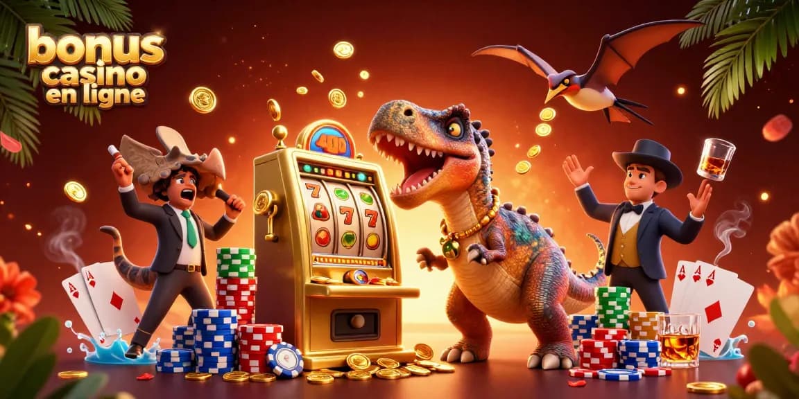 Illustration dynamique de bonus casino en ligne avec des dinosaures dans un casino, attestant des jackpots.