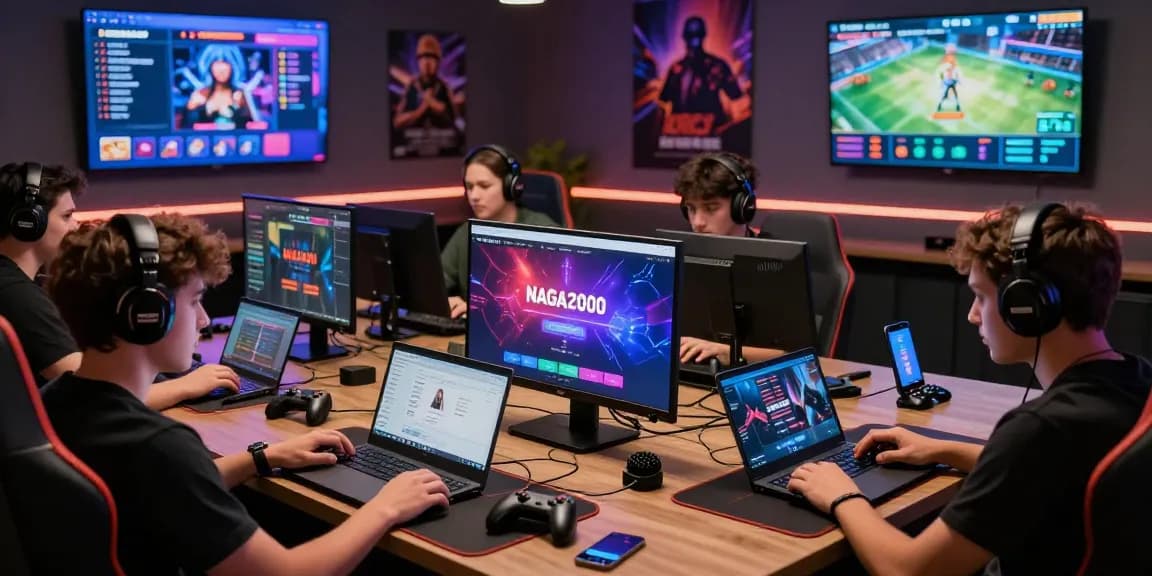NAGA2000 LOGIN interface displayed by gamers in a modern gaming lounge, showcasing user-friendly features and vibrant graphics.