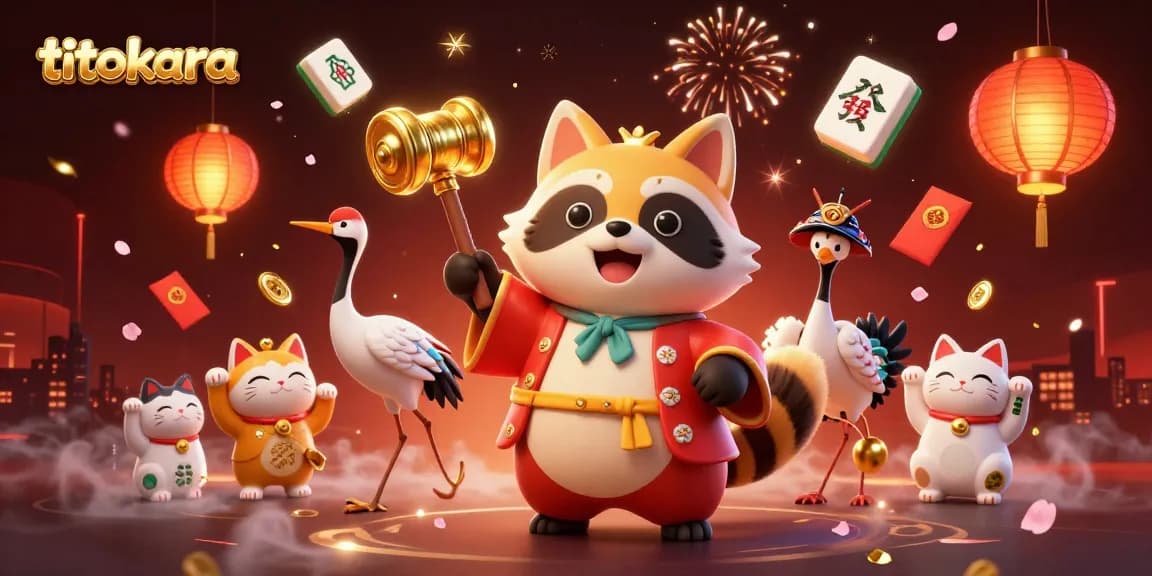 Experience titokara's vibrant gaming scene with cheerful characters, lucky symbols, and festive decor in this animated illustration.