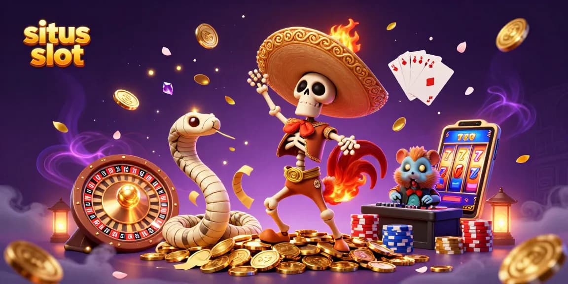 Experience excitement on situs slot with a vibrant 3D animation featuring casino characters and elements.
