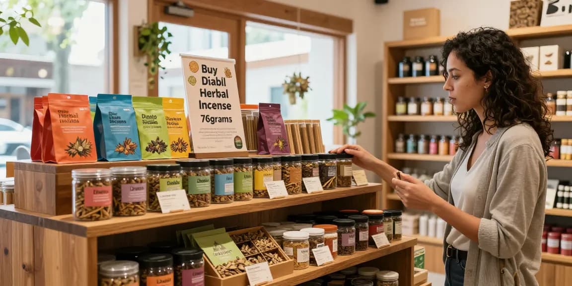 Engaging retail scene to buy-diablo-herbal-incense-76grams with vibrant product display and natural light