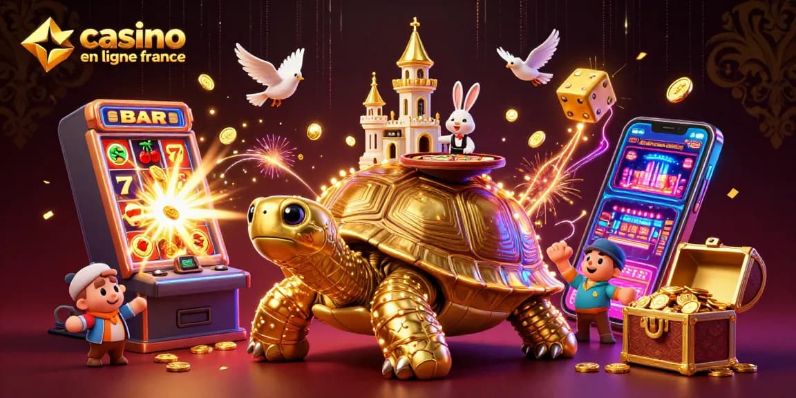 Jouez au casino en ligne France avec une scène dynamique de tortue dorée et des jeux de machines à sous.