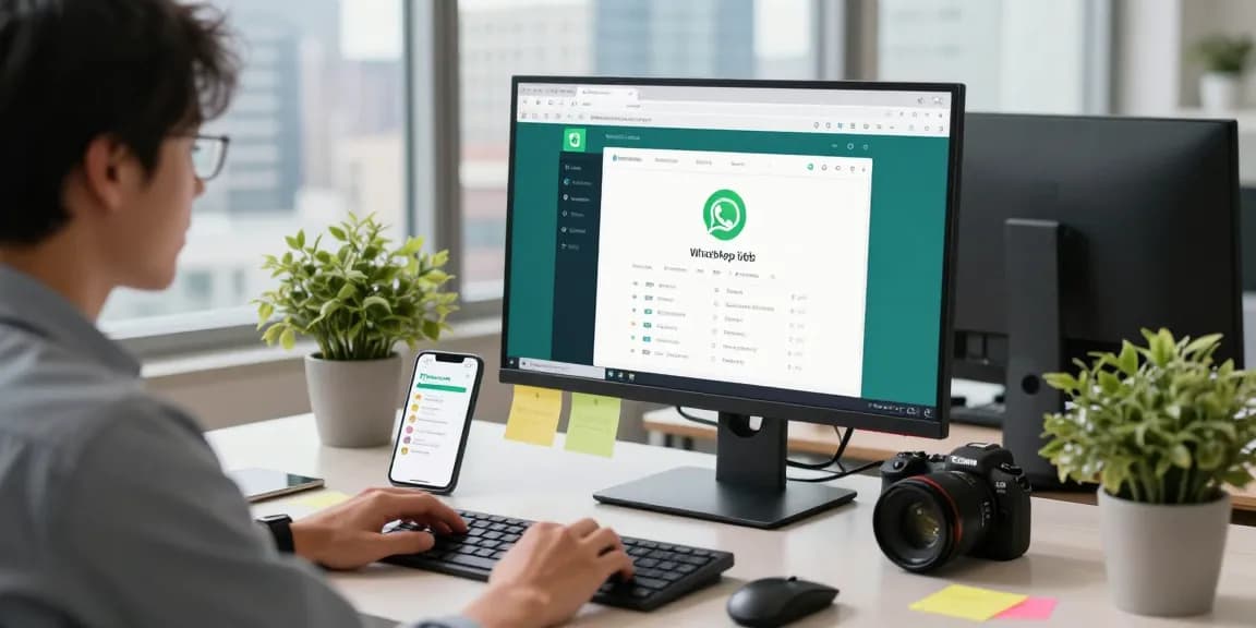 Engaging workspace with WhatsApp網頁版 on screen, showcasing productivity and modern tech atmosphere.
