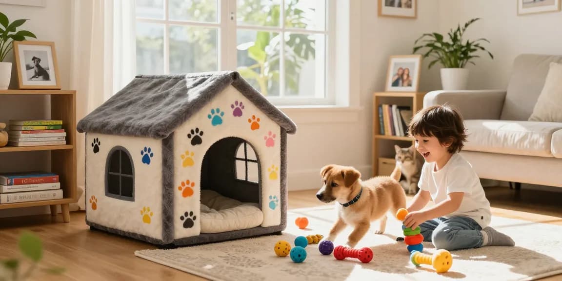 A playful puppy enjoying toys in a cozy living room, NAGA2000 pet lifestyle.