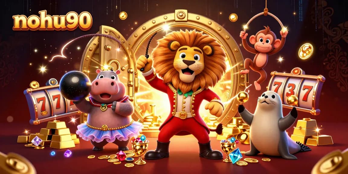 Nohu90 engages players with a vibrant image showcasing carnival characters and slot elements.