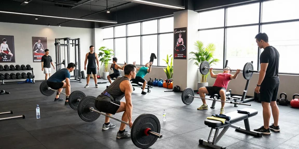 Engaged athletes training at the Astera Steroids Shop fitness center, showcasing diverse strength exercises.