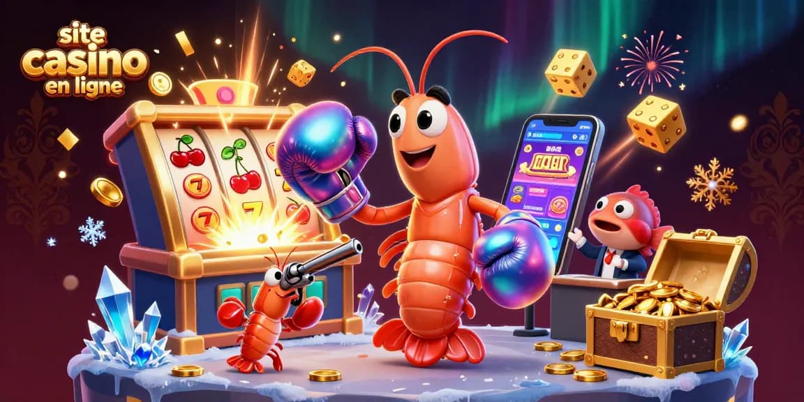 Les personnages colorés se lancent dans le site casino en ligne, entourés de symboles de jeux et de sacs d'or.