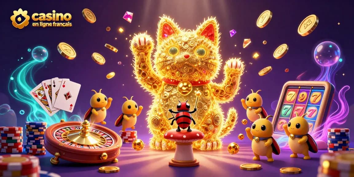 Jouez sur un casino en ligne français avec un chat porte-bonheur entouré de symboles de casino et de pièces d’or.