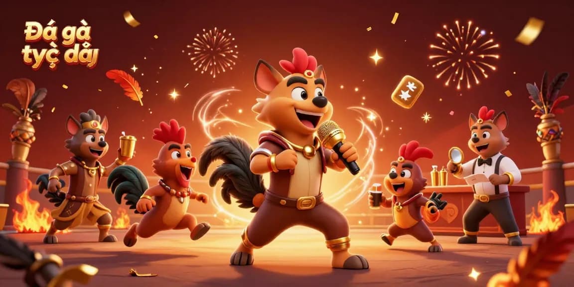 Engage in Đá gà trực tiếp with lively hyenas running a thrilling cockfighting arena.