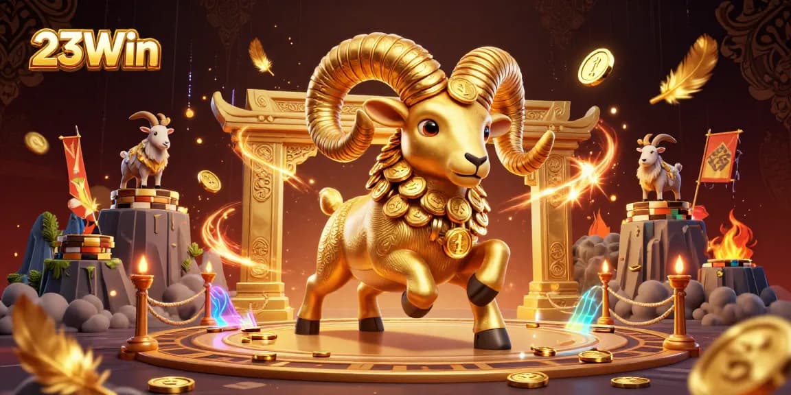 Experience the thrill of 23Win with golden ram charging through a spectacular gaming arena.